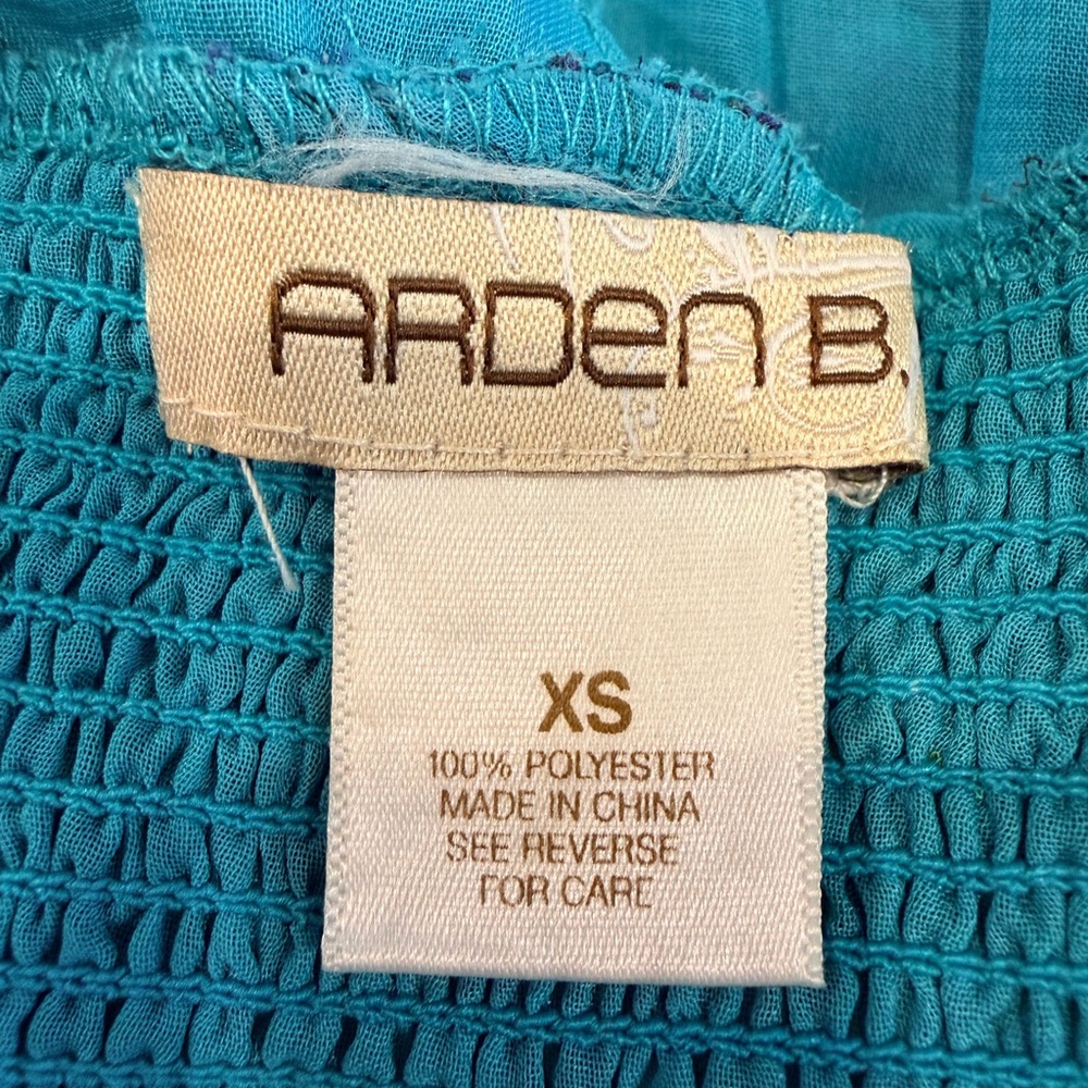 Y2K Tropical Palm Print Mini Dress Teal Chain Back Ruffle Hem Arden B XS - Picture 10 of 10